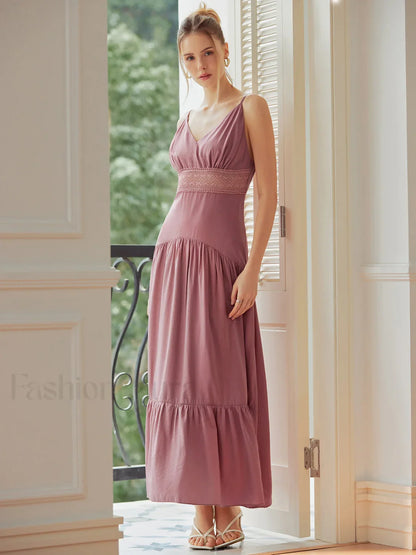 Lace Trim Layered Trendy Hem Cami Long Dress