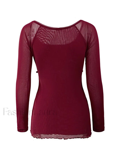 Lace Trim Tie Front Long Sleeve Blouse