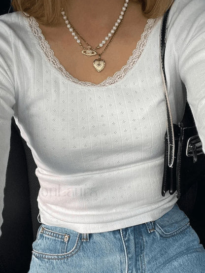 Lace Trim White Knit Top