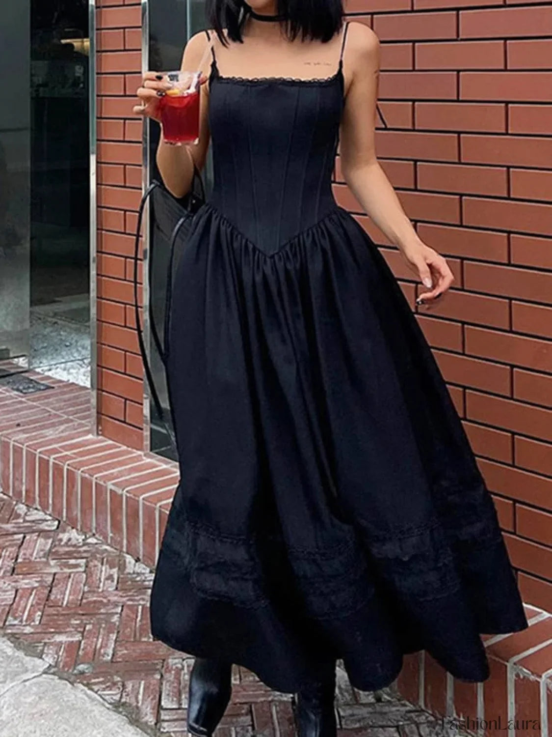Lace Up Corset Black Maxi Dress