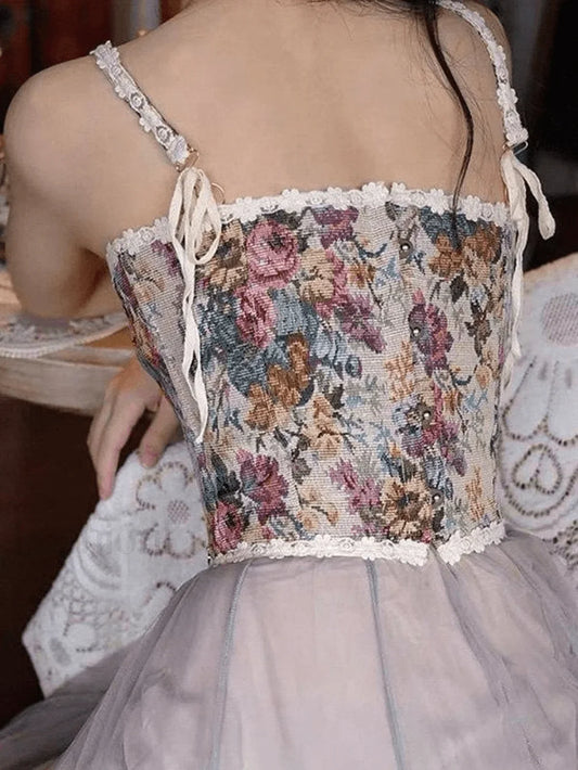 Lace-Up Floral Vintage Corset Top