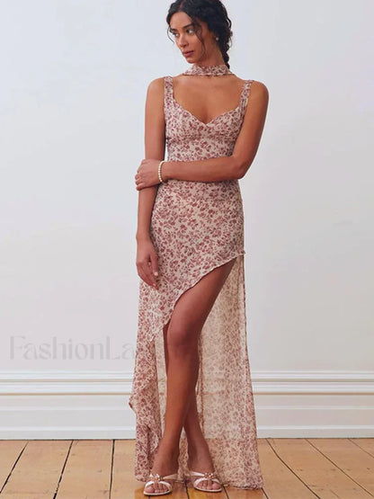 Lace-Up Side Slit Floral Dress
