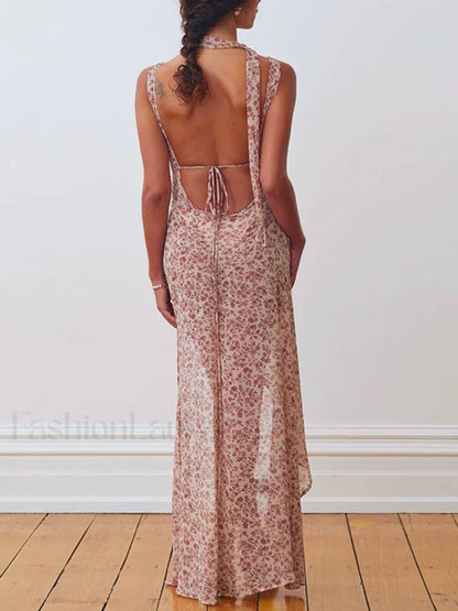 Lace-Up Side Slit Floral Dress