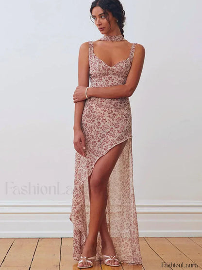 Lace-Up Side Slit Floral Dress