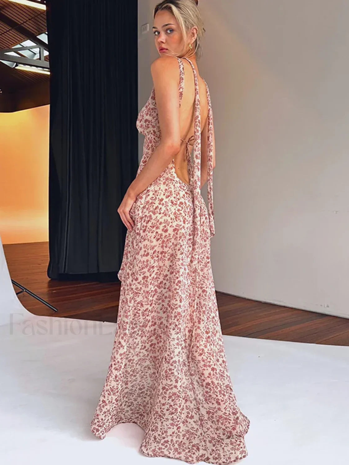 Lace-Up Side Slit Floral Dress