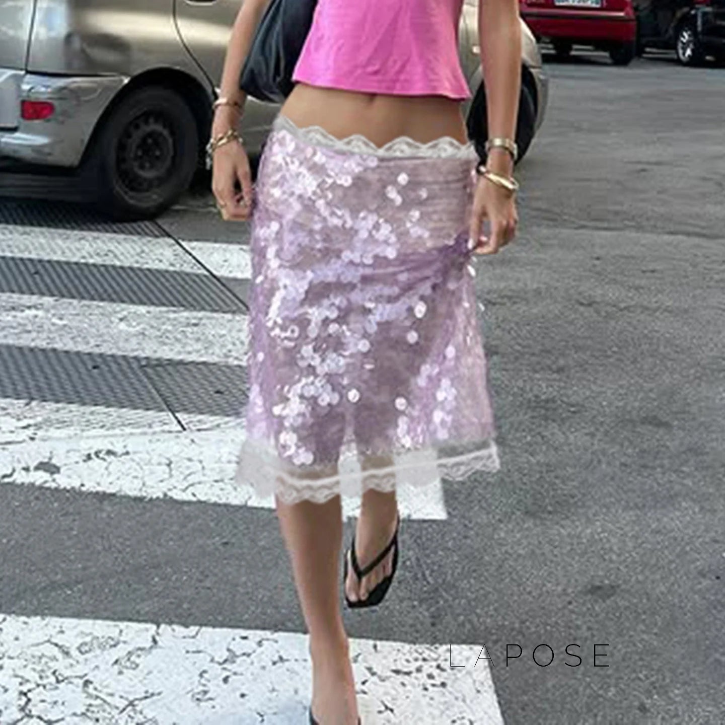 Aarna Sequin Lace Detail Midi Skirt