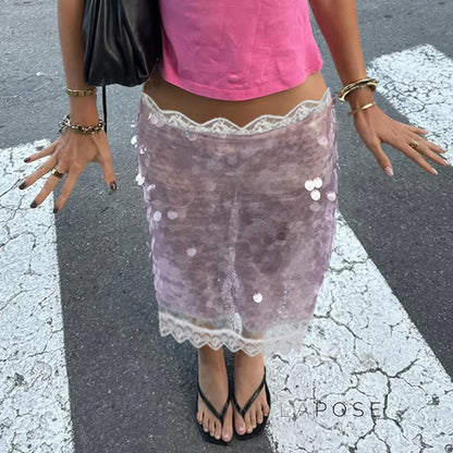Aarna Sequin Lace Detail Midi Skirt