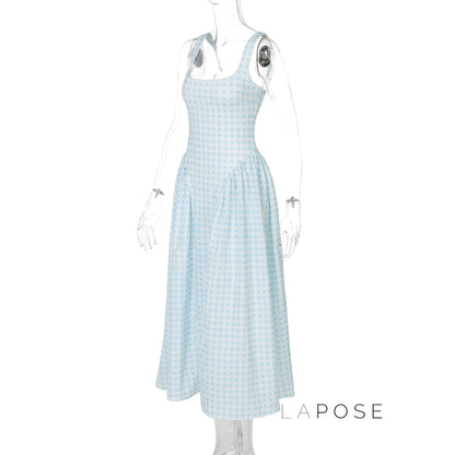 Adalae Plaid Backless Midi Dress