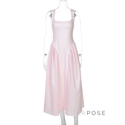 Adalae Plaid Backless Midi Dress