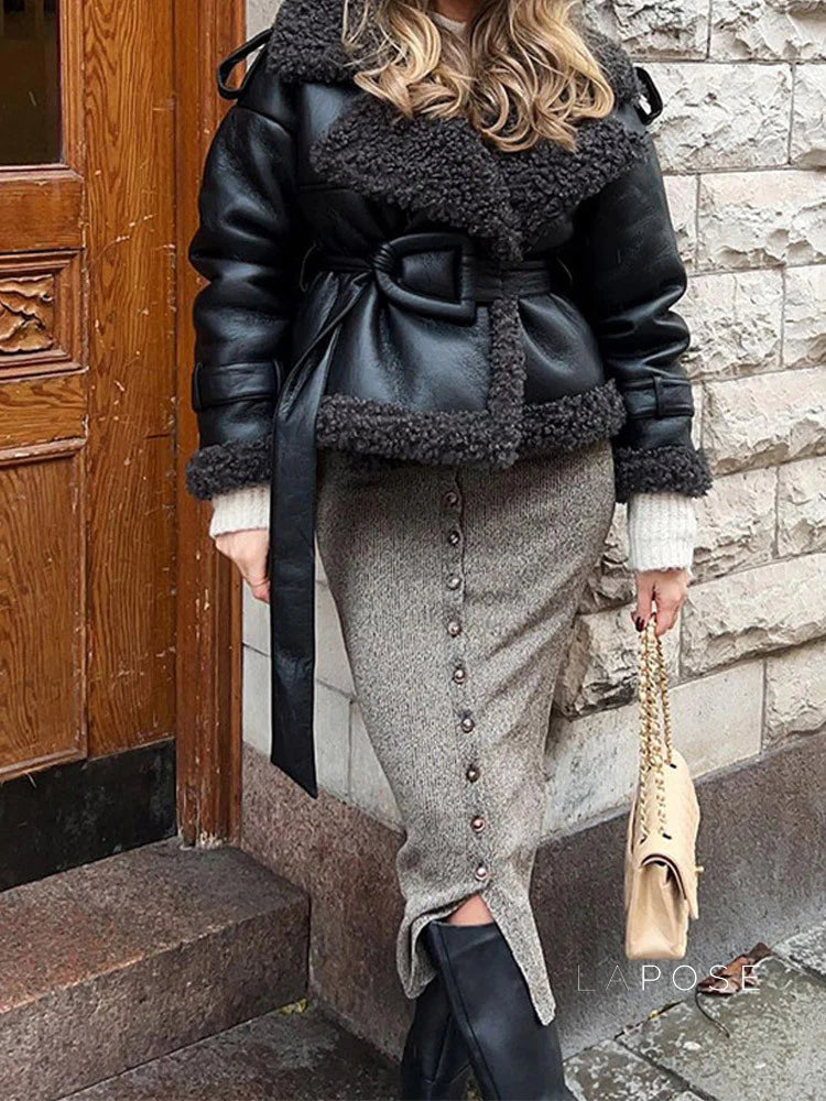 Aditri Faux Leather Tie Jacket