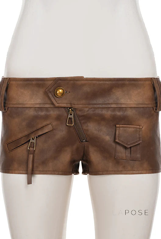 Ainslie Brown Faux Leather Biker Shorts