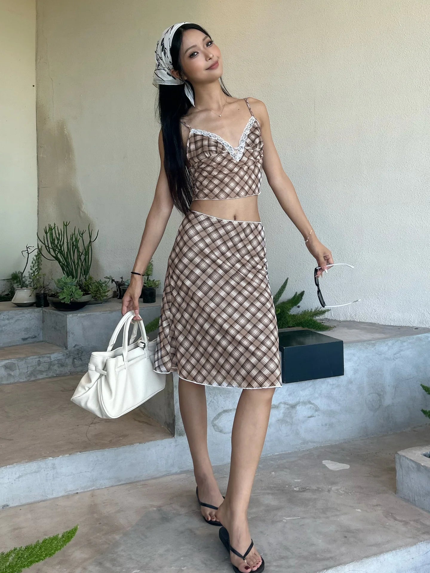 Alize Lace Trim Plaid Skirt Set
