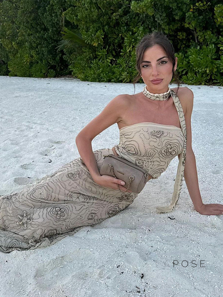 Analiz Beaded Mesh Skirt Set