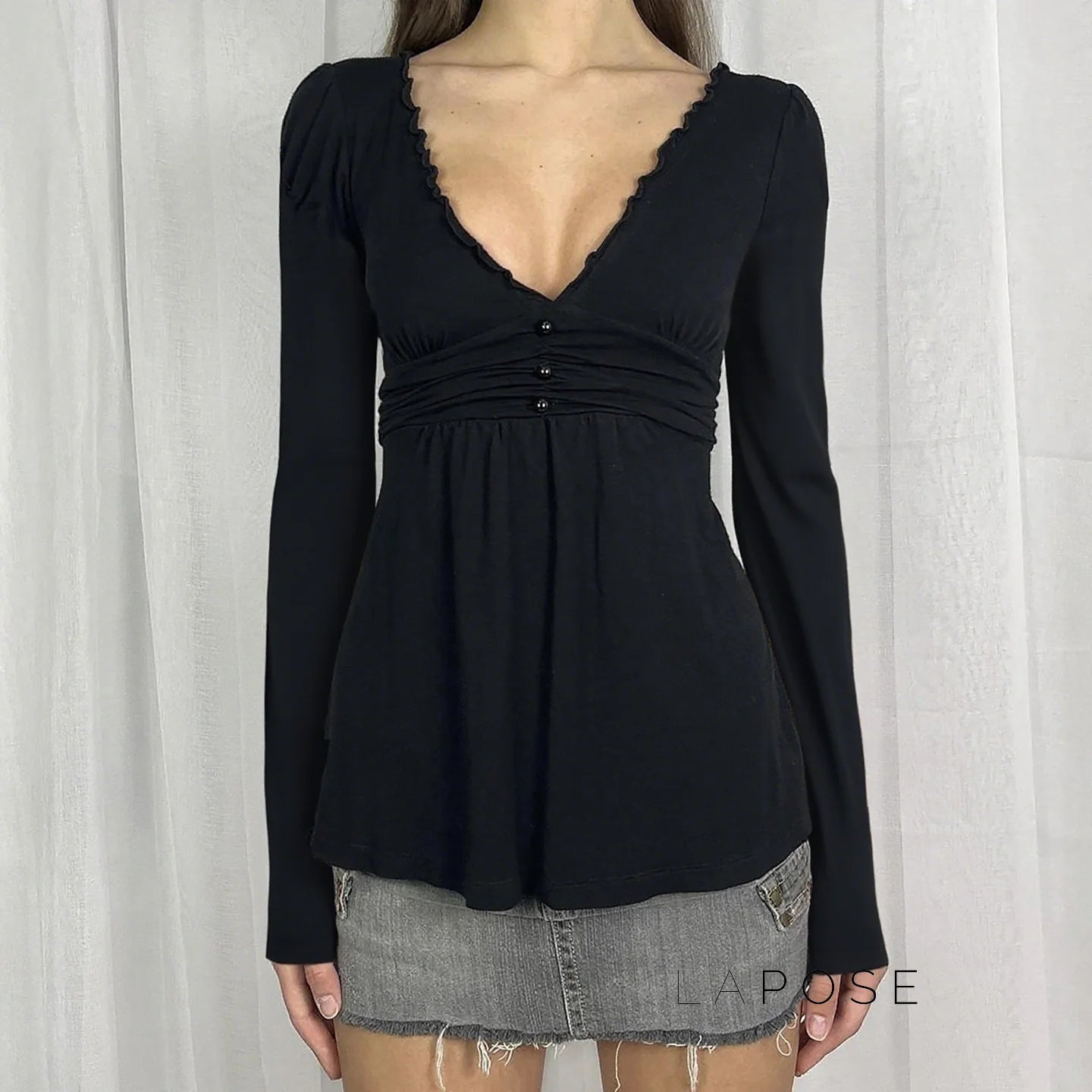 Analy Ruched V-Neck Long Sleeve Top