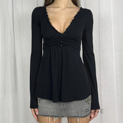 Analy Ruched V-Neck Long Sleeve Top