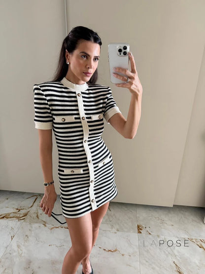 Annamae Striped Button-Front Knit Mini Dress
