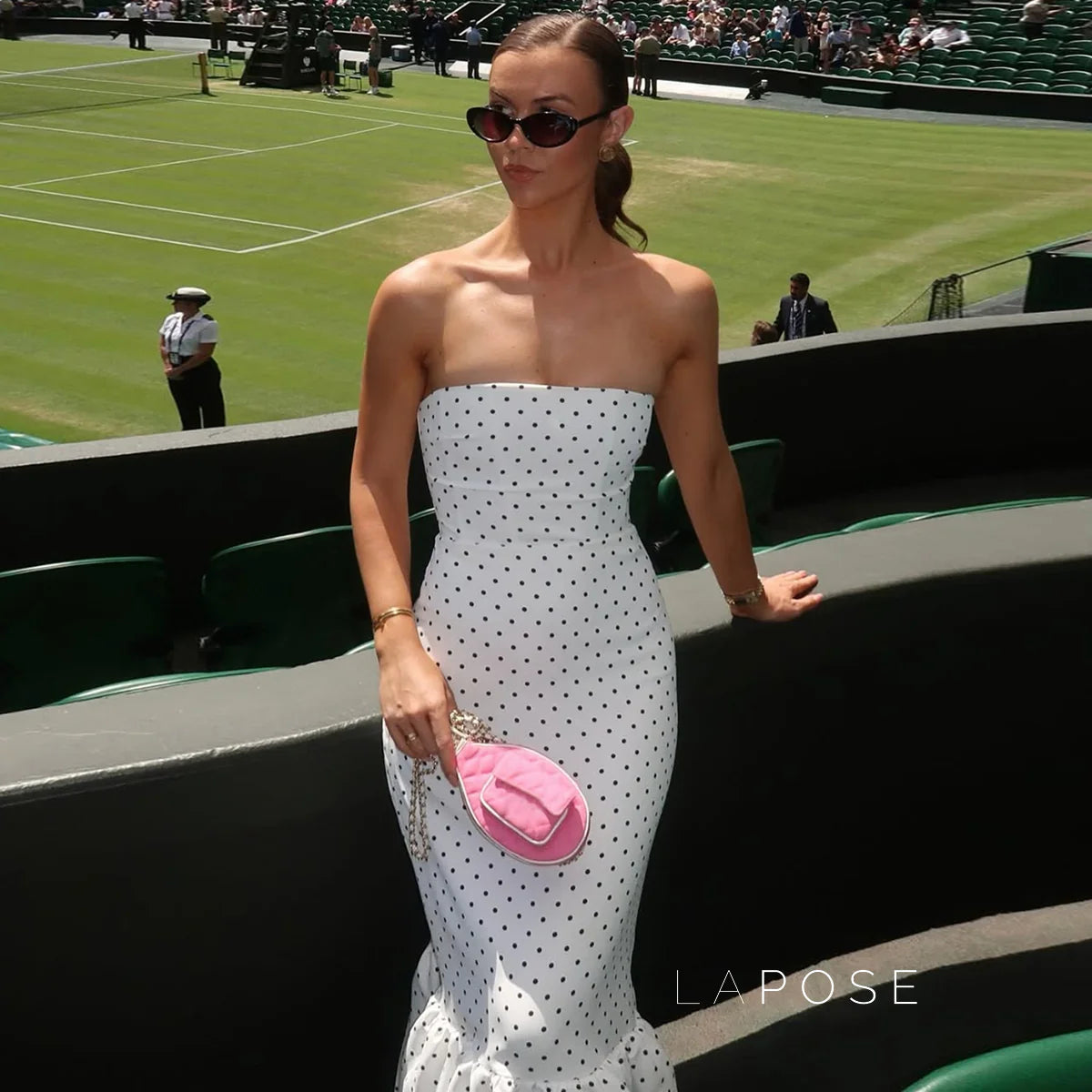 Azaria Polka Dot Strapless Midi Dress