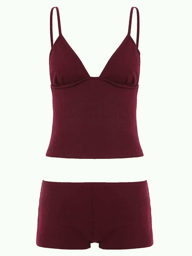 Brandy Ribbed Deep V Shorts Set