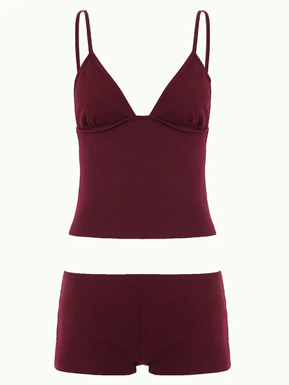 Brandy Ribbed Deep V Shorts Set