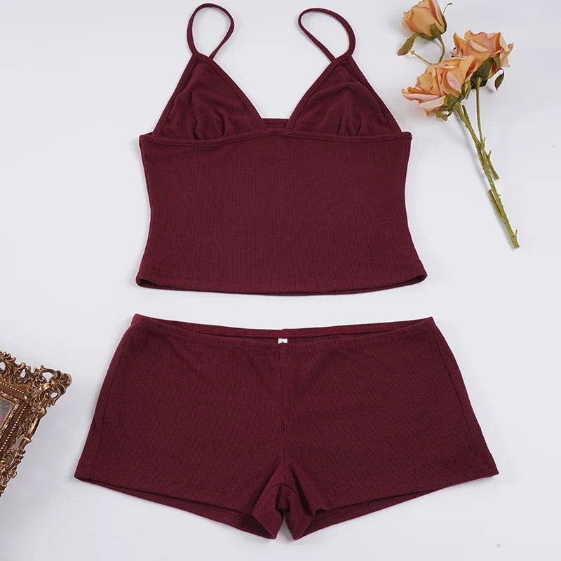 Brandy Ribbed Deep V Shorts Set