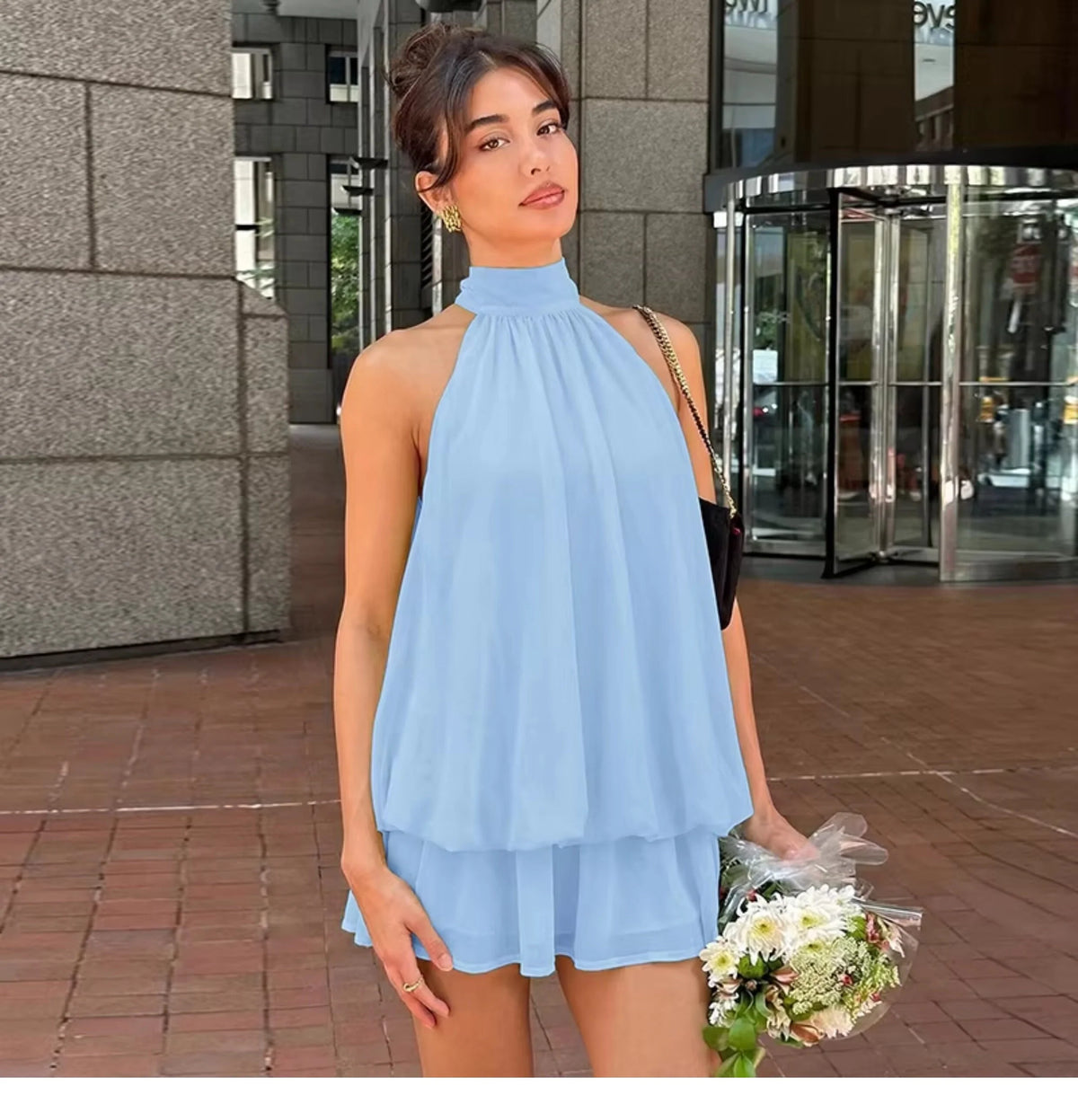 Chiffon Halter Backless Mini Dress