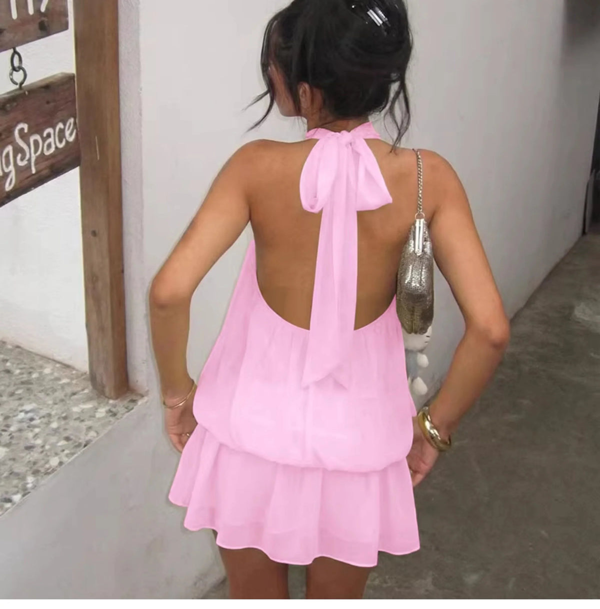 Chiffon Halter Backless Mini Dress