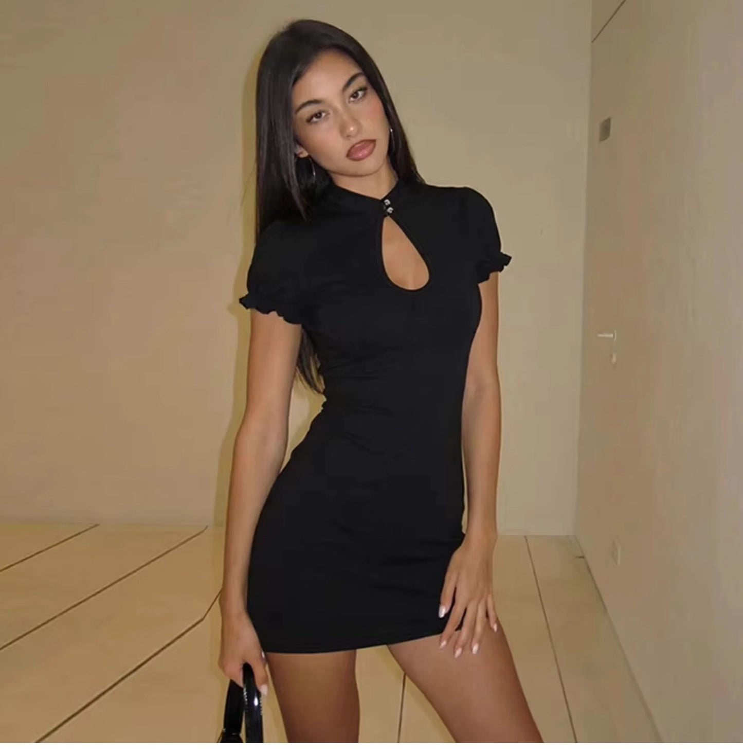 Cut-Out Mandarin Collar Mini Dress