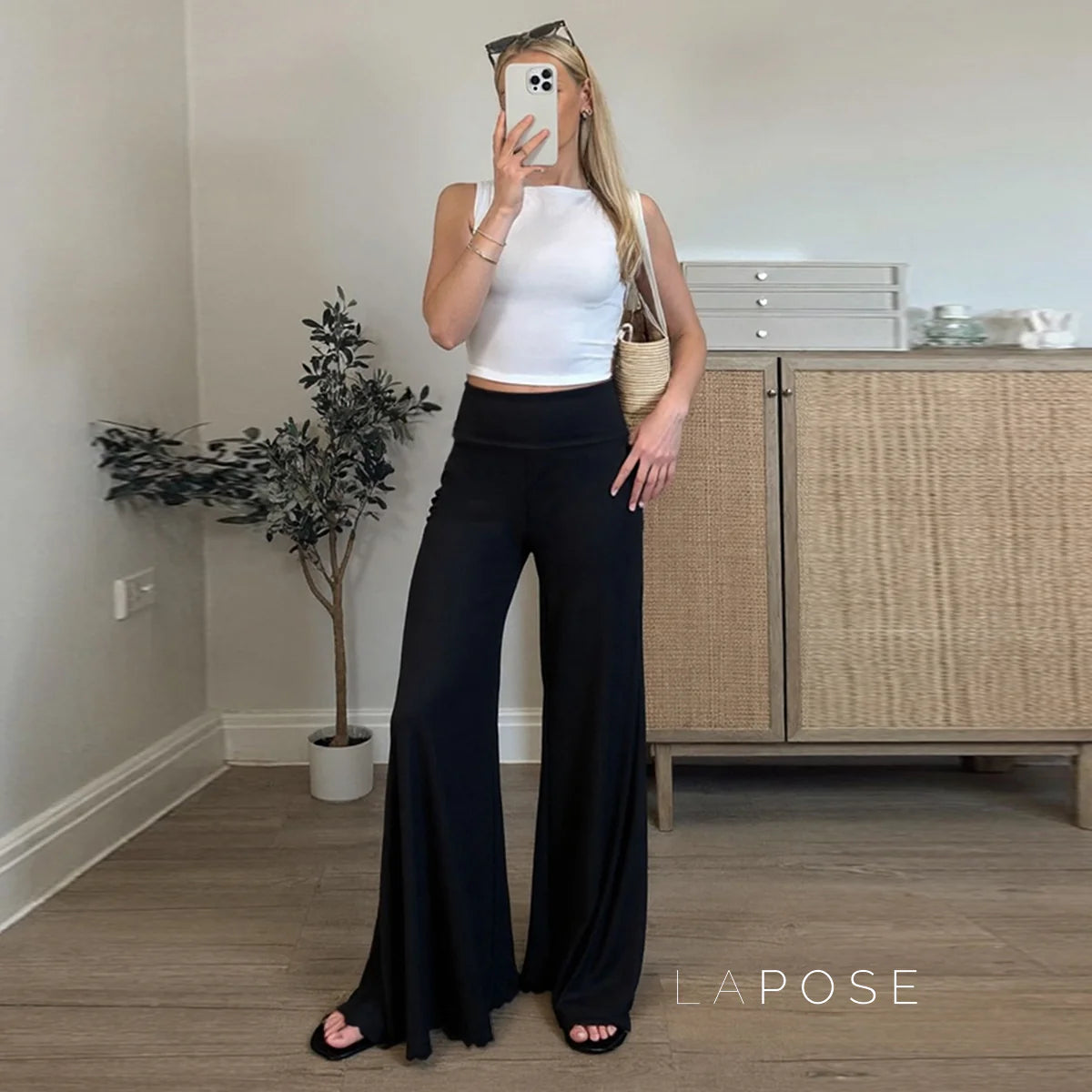 Delylah Low-Rise Wavy Flared Pants