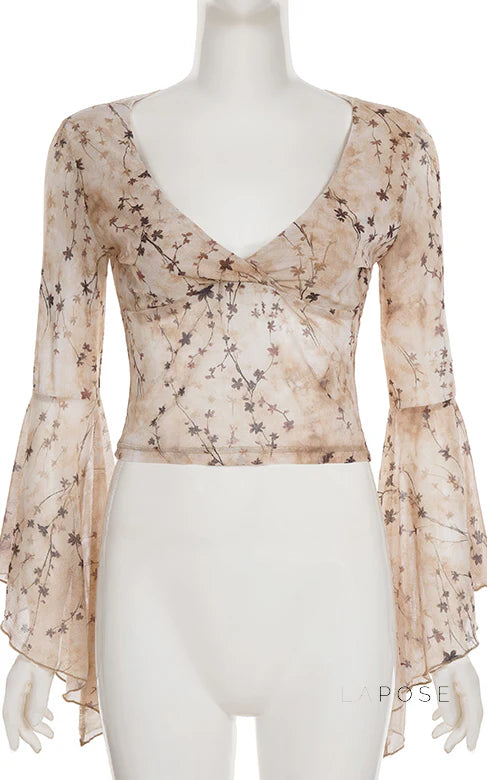 Elaina Printed Bell Sleeve Mesh Top