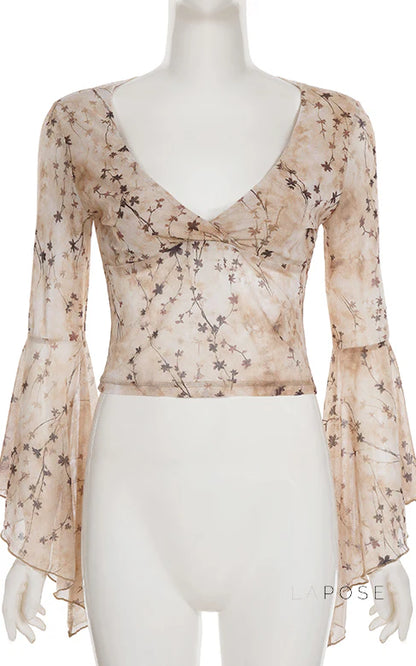 Elaina Printed Bell Sleeve Mesh Top