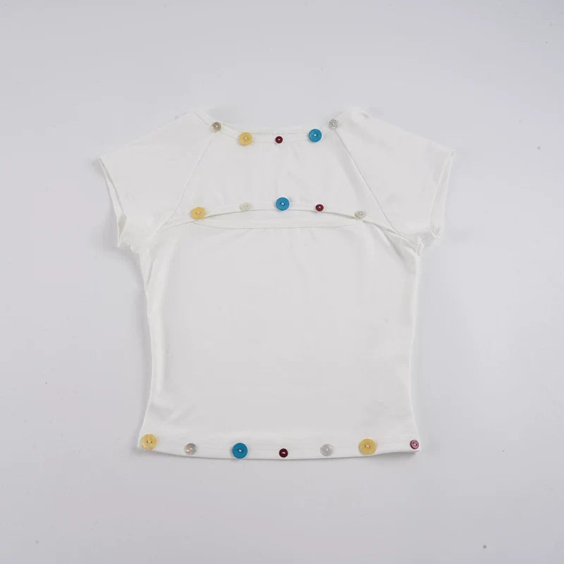 Elianna Colorful Button Cutout Tee