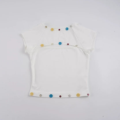Elianna Colorful Button Cutout Tee
