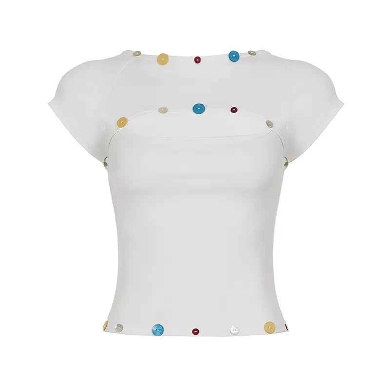 Elianna Colorful Button Cutout Tee