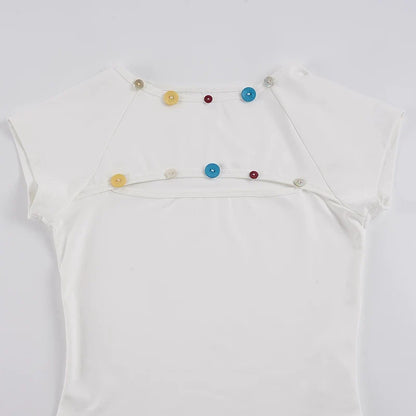 Elianna Colorful Button Cutout Tee