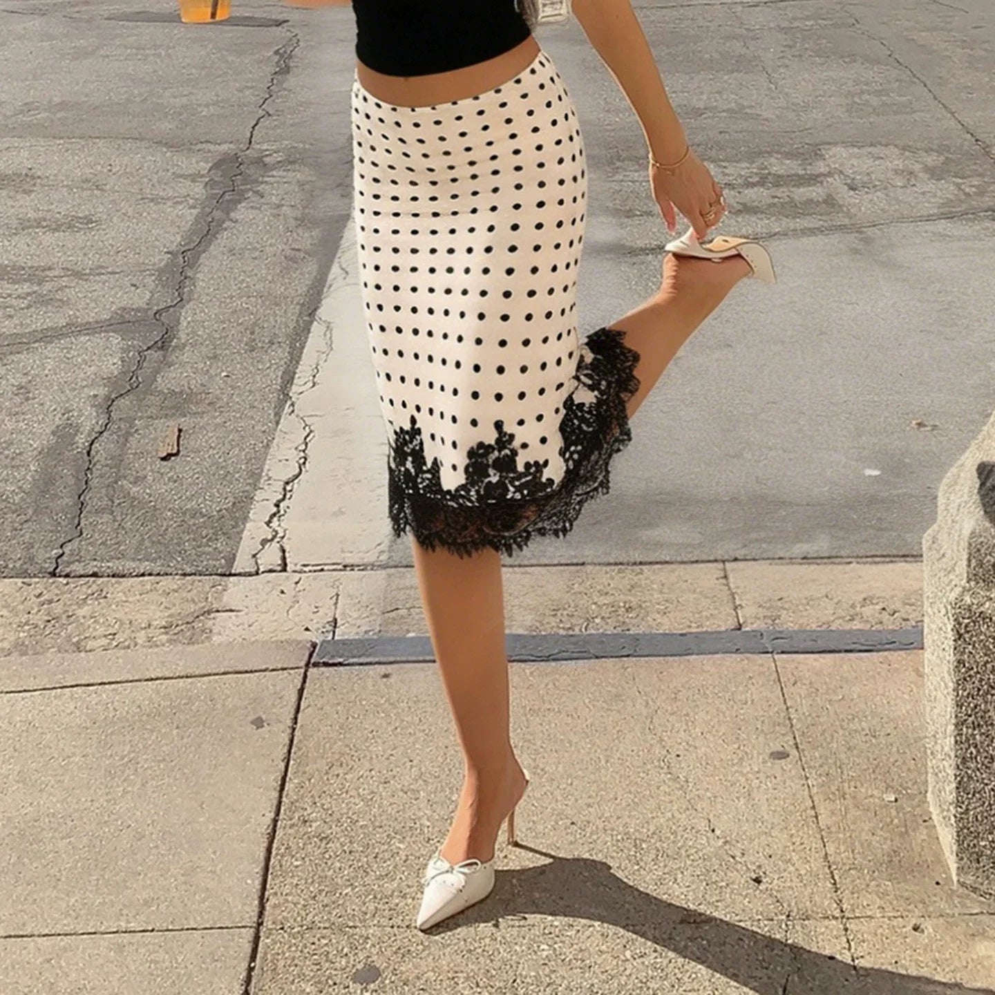 Kaislee Polka Dot Lace Midi Skirt