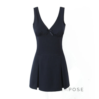 Kaliah Deep V-Neck Bow Mini Dress