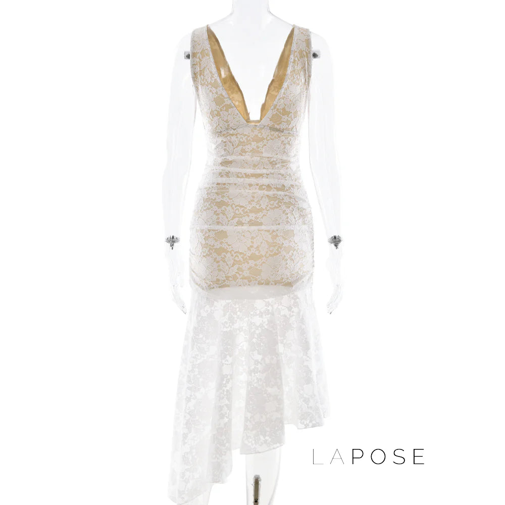 Kaliah Lace Ruched Asymmetric Dress