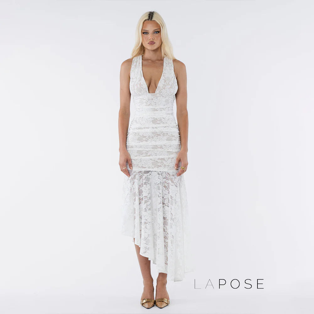 Kaliah Lace Ruched Asymmetric Dress