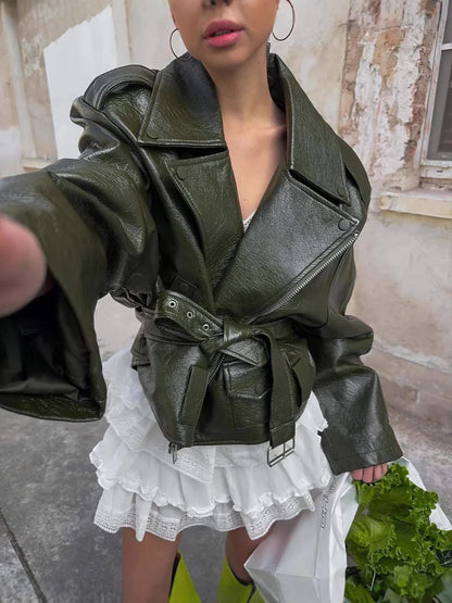 Kamia Green Faux Leather Biker Jacket