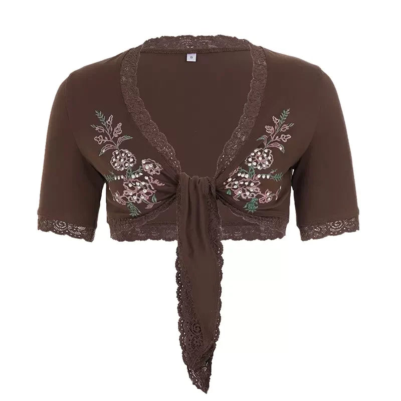 Katy Floral Lace Tie-Front Crop Top
