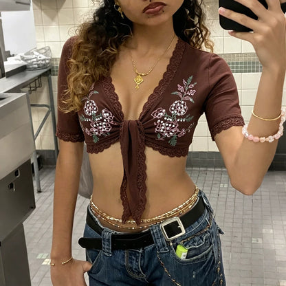 Katy Floral Lace Tie-Front Crop Top