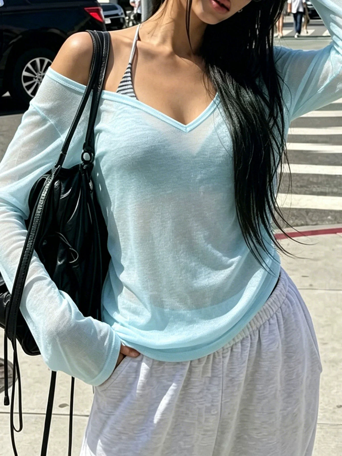 Kenly Sheer V-Neck Long Sleeve Top