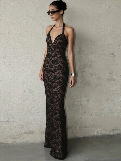 Lace Halter Slit Maxi Dress