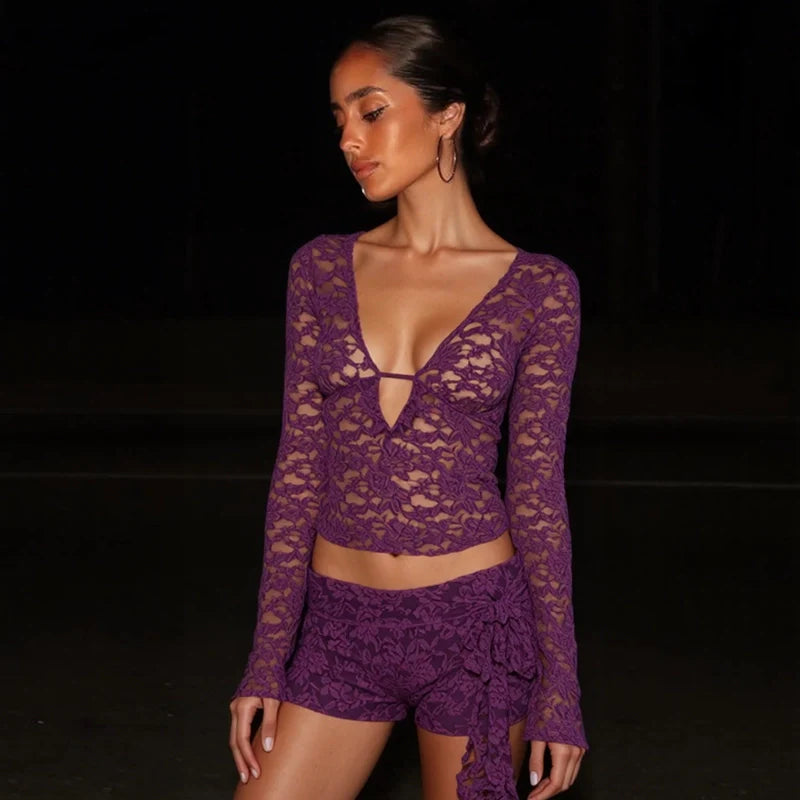 Lace Tie-Front Long Sleeve Top