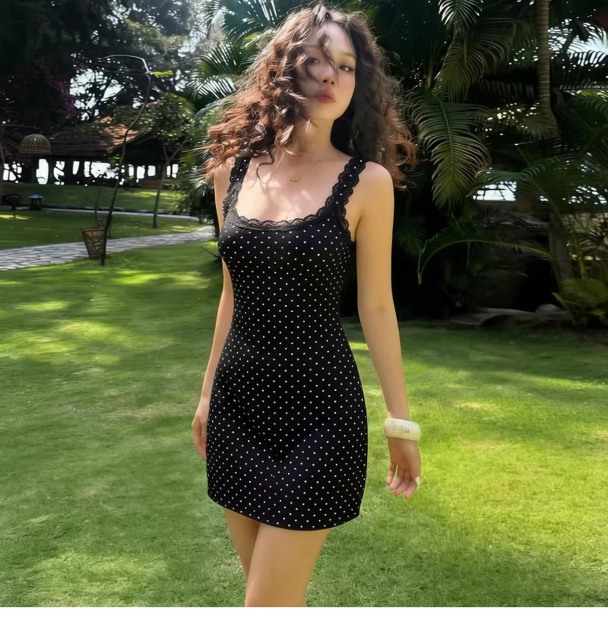 Lace Trim Polka Dot Mini Dress