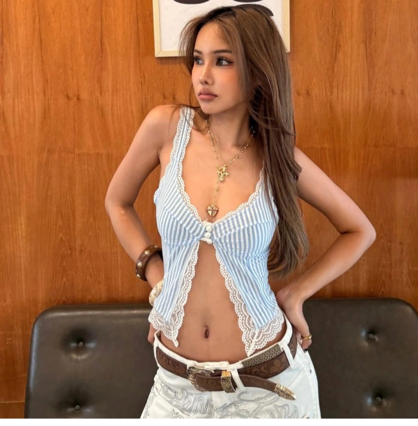 Lace Trim Striped Button Camisole