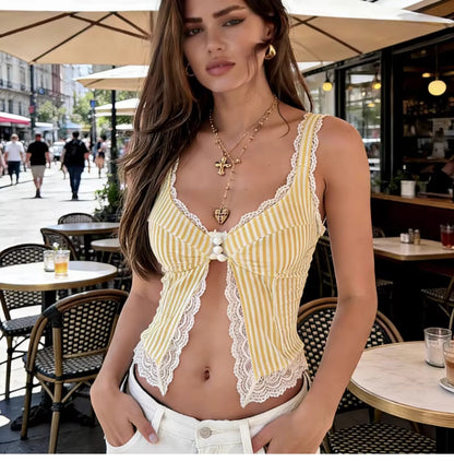 Lace Trim Striped Button Camisole