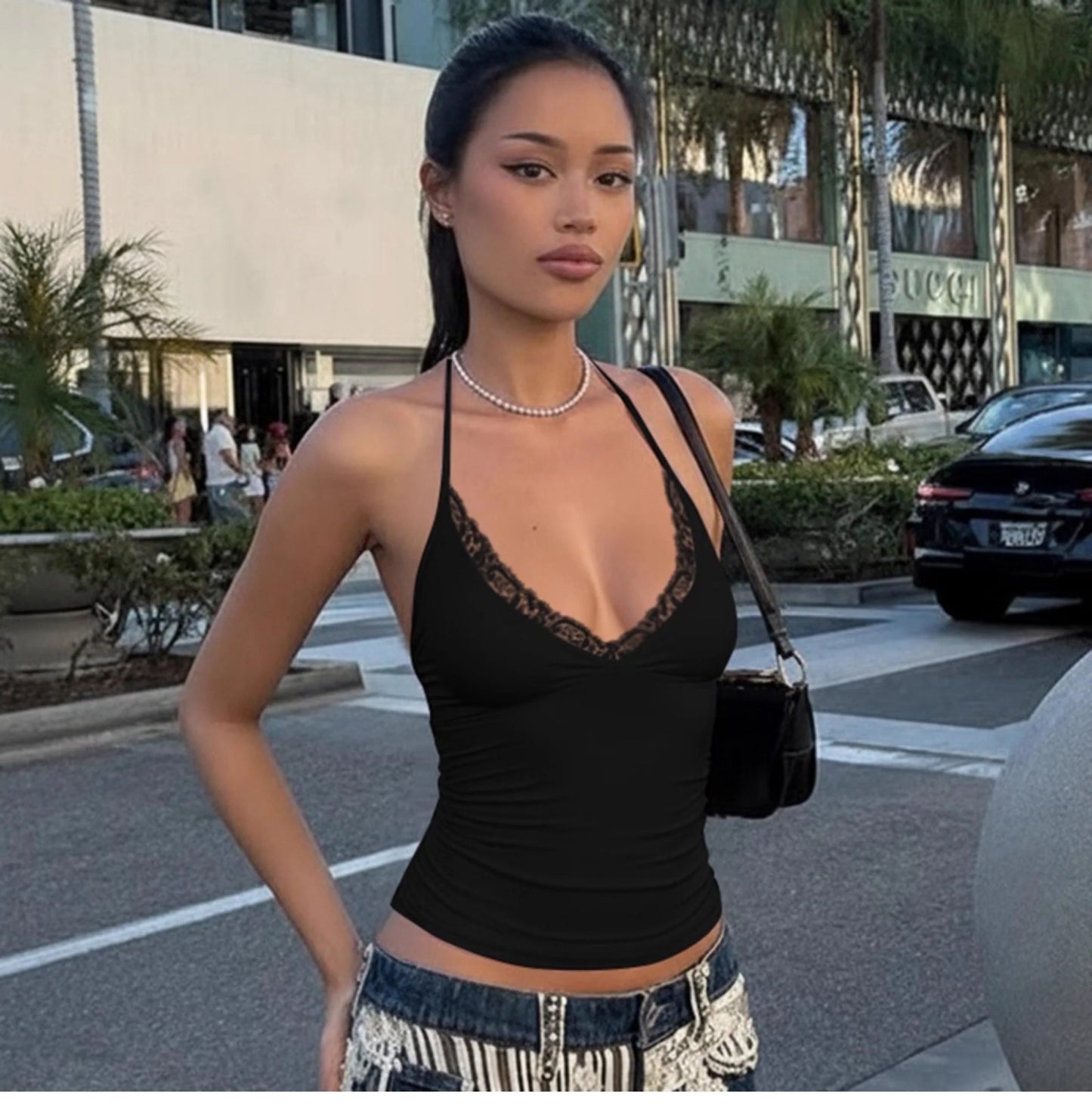 Lace Trim V-Neck Halter Top