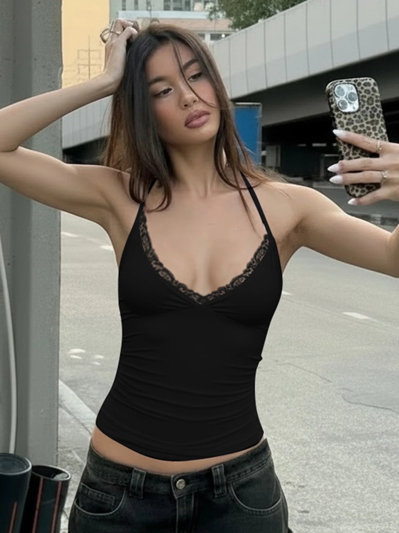 Lace Trim V-Neck Halter Top