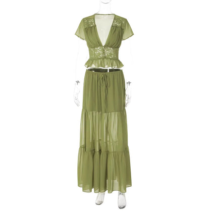 Lace V-Neck Two-Piece Skirt Set